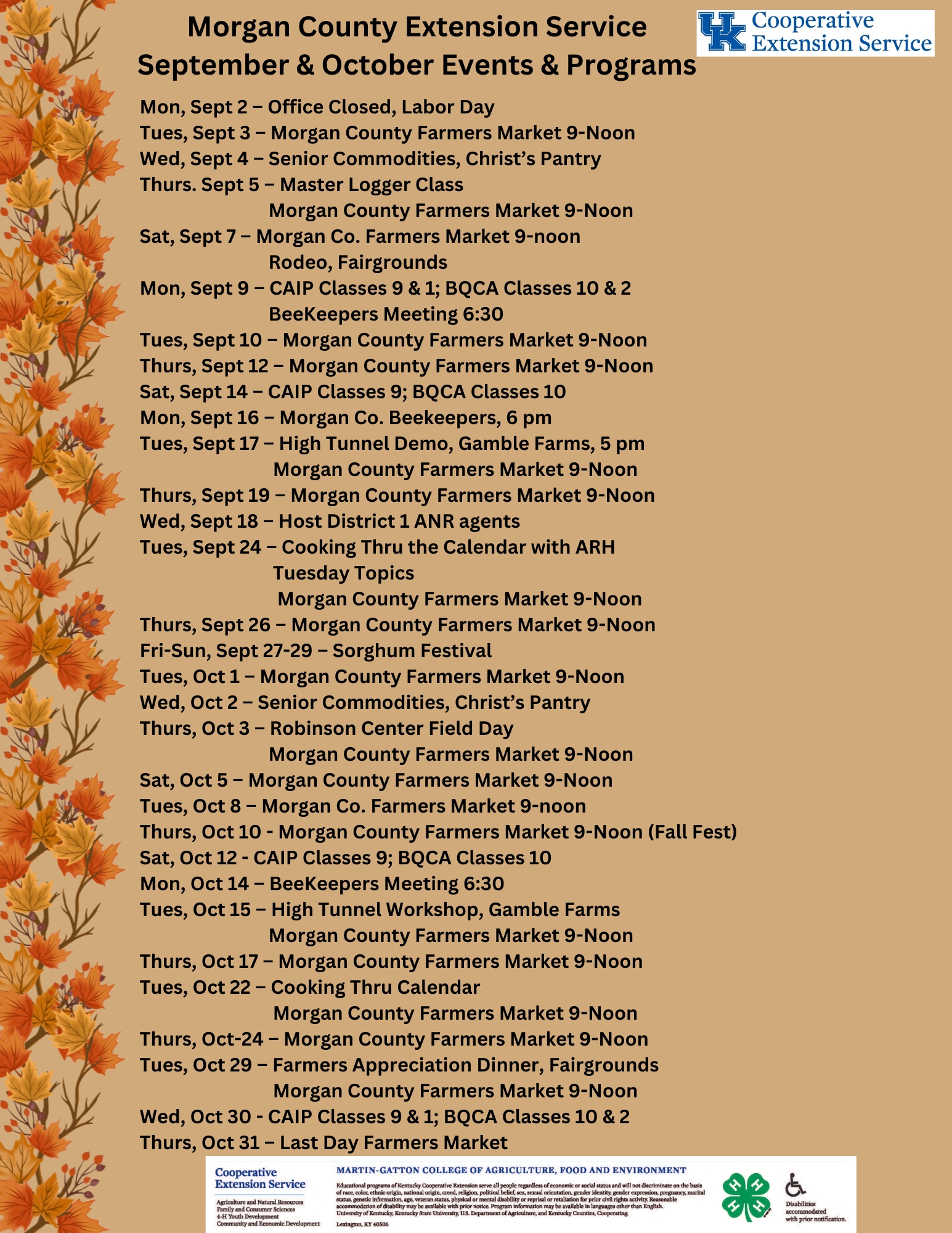 Morgan County Extension Service September and October Events flyer